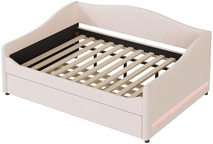 Miniatura 43 de MERITLINE Sofá cama tapizado de tamaño individual con nido y LED, marco de cama de día de forro polar con listones de madera maciza, sofá cama