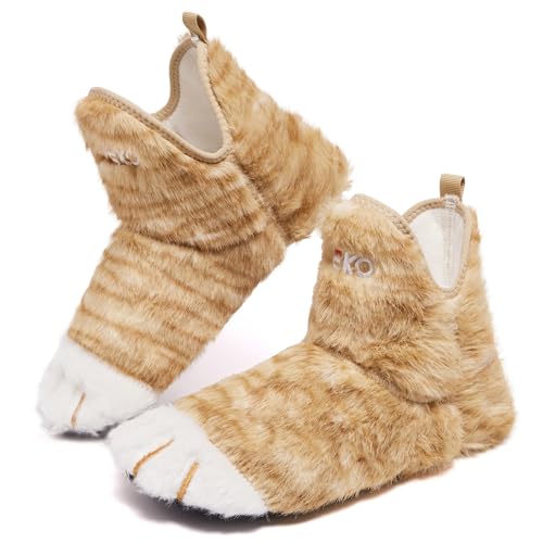 UUBARIS Bootie Slippers for Women Men Cat Paw Warm House Sock Shoes For Indoor Outdoor Travel Khaki 10.5-11.5