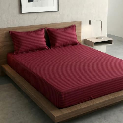 Image of Home Sizzler 300TC Cotton Grey Satin Striped Double Bedsheet with 2 King Size Pillow Covers, 90 inchX92 inch