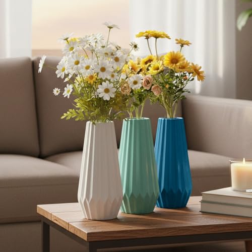 Image of TrustBasket Serene Flower Vase Set of 3 Blue Sky, Blue & White Decorative Plastic Table Accent for Living Room Bedroom Dining Table, Modern Home Decor Display for Fresh or Artificial Flower