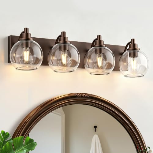 IZORRO Bathroom Light Fixtures, 4-Light Oil Rubbed Bronze Vanity Light, Modern Wall Sconces with Globe Clear Glass Shade, Vanity Lighting Fixtures Over Mirror,E26 Bulb Socket by IZORRO - Used condition - US$65.68