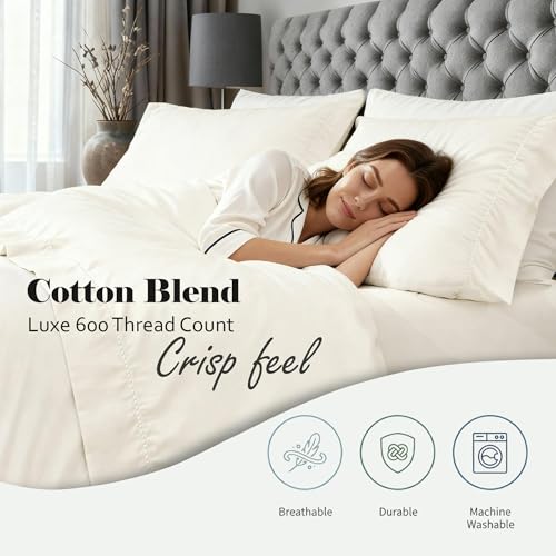 SUPERIOR Cotton Blend 600 TC Embroidered Hem Bed Sheets, Queen, Ivory by SUPERIOR - Used condition - Image 4