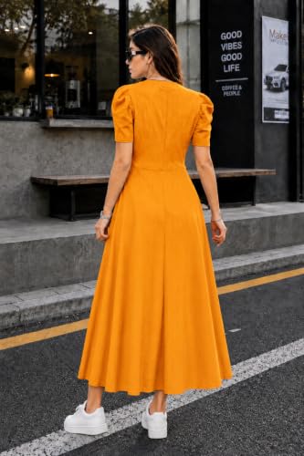 Image of Preneum Girl's & Women's Solid Color V-Neck A-Line Maxi Dress for Women | New Year Party Outfit | Waist Cinched Puff Sleeve Western | Elegant Casual Wear (Availble in Plus Size)
