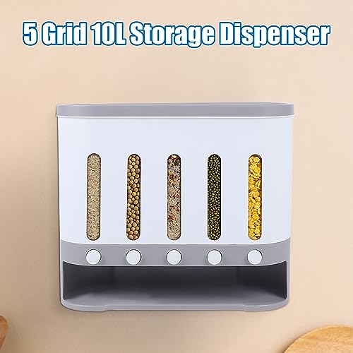 Distributeur de céréales, distributeur de riz mural à 5 grilles pour rangement de cuisine de 9 kg avec tasse à mesurer