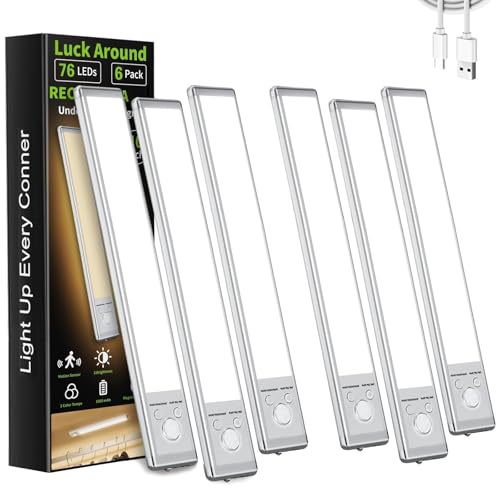 LUCK AROUND 6 Pack Under Cabinet Lighting, Motion Sensor Light, 10-Inch Rechargeable LED, Battery...