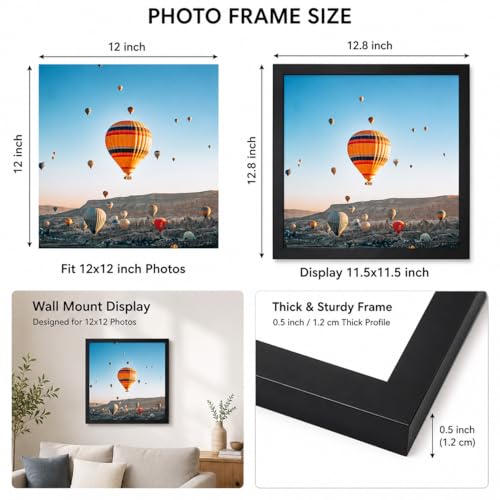 Image of JCJMY 12x12 inch Picture Frame, Horizontal and Vertical Formats for Wall Hanging, 12 x 12 Square Wall Gallery Poster Photo Frame with Shatter Resistant Plexiglass, Black