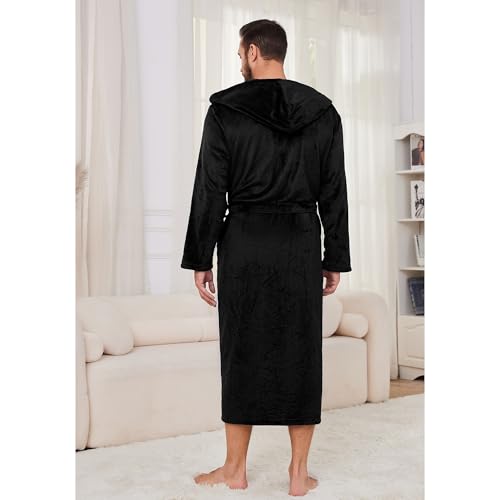 Mens Hooded Fleece Robe, Lightweight Soft Warm Fleece Bathrobe Shower Spa Long Robe With Pockets(Black-B,2XL/3XL)4