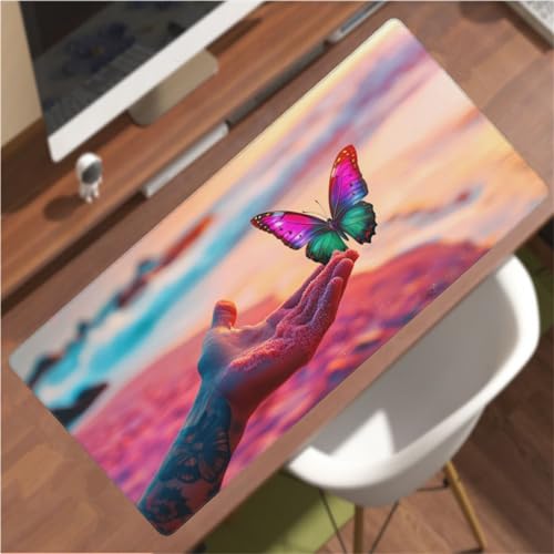 Wuleogxi Tapis de Souris XXL - 600 x 300 mm, Surface Lisse, Bords Cousus Anti-Effilochage, Base en Caoutchouc Antidérapante, Grand sous-Main de Bureau pour Clavier et Souris - [Papillon & Main] -L433 – vue 7