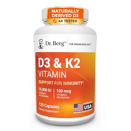 Dr. Berg Maximum Strength 2-in-1 Vitamin D3 K2 10,000 IU | Naturally Derived D3 | 4X Lab-Tested & Verified | High Absorption Formula | K2 D3 Vitamin Supplement - 120 Capsules