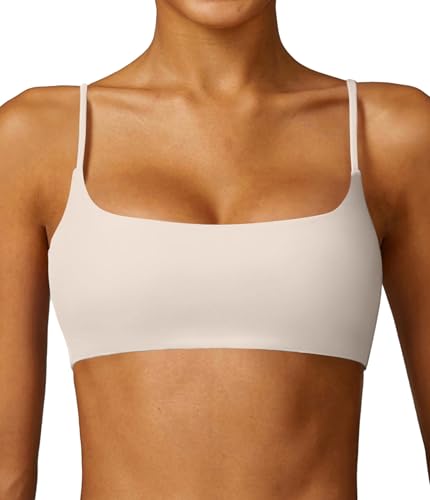 Comper Women's Sports Bra with Thin Straps Stretchy Wirefree Workout Bras Lightweight Workouts Bralette with Removable Pads (Beige-S)