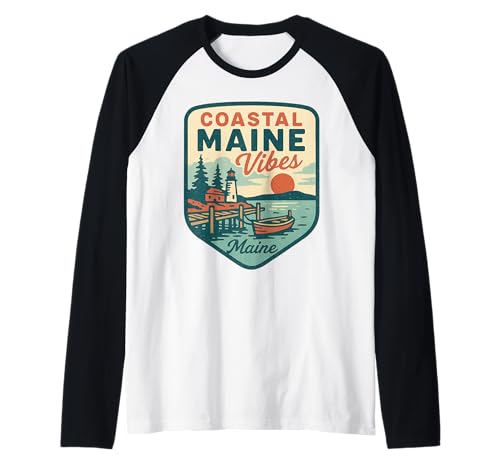 Coastal Maine Vibes Chemise Ocean Lighthouse Retro Sunset Manche Raglan