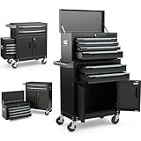 Werkzeugwagen mit Rollen, automatisch verschließbarer Werkzeugwagen aus Metall mit 6 Schubladen, Universalrädern, robuster Werkzeugkasten, Organizerwagen (2-in-1, Schwarz)