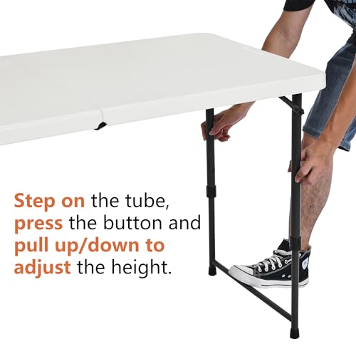 Image of Amazon Basics Portable 4 Foot Rectangular Folding Dining Table, 4 Adjustable Height Settings, Carrying Handle, Indoor & Outdoor, Sturdy for Events, White, 47.8 x 23.9 x 33.9 in
