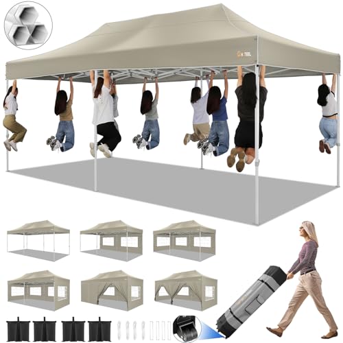 Image of HOTEEL 10x20 Pop up Canopy Tent for Parties, Heavy Duty Easy Setup Tent with 6 Sidewalls, Outdoor Commercial Instant Gazebo for Wedding Event, with Roller Bag & Sand Bags, Khaki(Hexagonal Frame)
