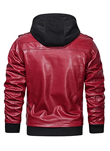 Image of HOOD CREW Men's Casual Stand Collar PU Faux Leather Zip-Up Motorcycle Bomber Jacket With a Removable Hood