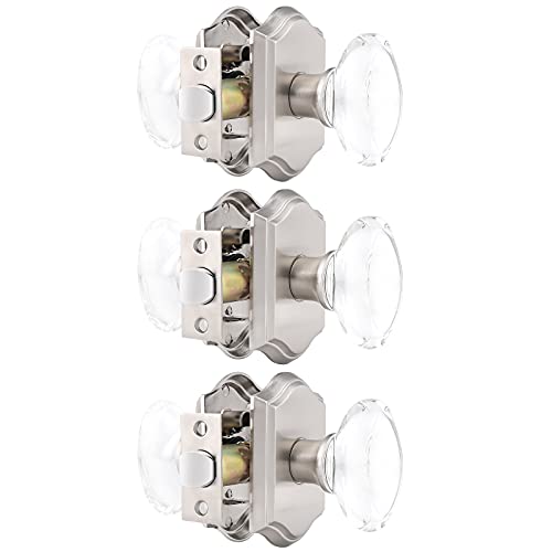 (3 Pack) Probrico Keyless Passage Door Knobs, Crystal Door Handles Passage Function for Hallway/Closets(Unlocking Interior Sets), Modern Design in Satin Nickel Finish Door Knobs with Square Rose