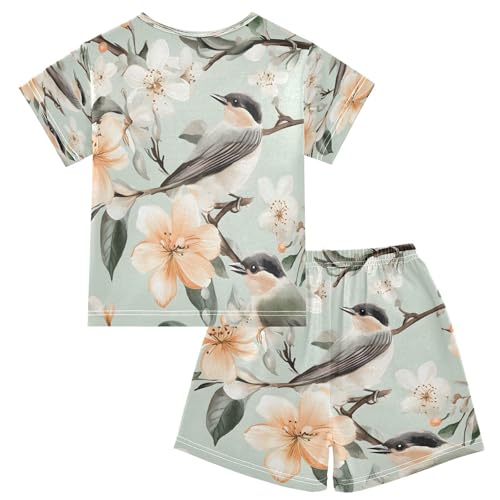 senya Short Sleeve Pajamas Sets Summer Cotton Sleepwear Grey Bird Flower2
