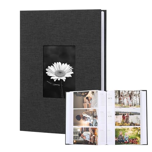 Photo Album With Writing Space, 6x4 Slip in Photo Album Hold 300 Photos, Linen Cover, Each Page Holds 3 Photos, Small Picture Book With Memos, for Family Wedding Anniversary Baby (Black)