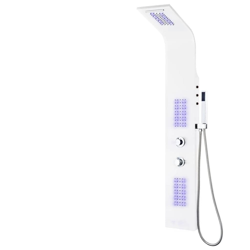 Panel de ducha de aluminio blanco con iluminación LED, sistema de ducha con ducha de lluvia, cascada, ducha de mano y chorros de masaje, columna de ducha Wellness para cuarto de baño, 20 x 44 x 130 cm