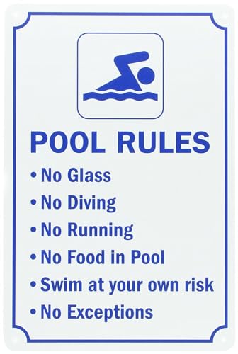 Yard Sign Swimming Pool Rules, 12X16 Inches, Blue on White Aluminum Metal Sign, Indoor and Outdoor Use, Rust Free, Waterproof