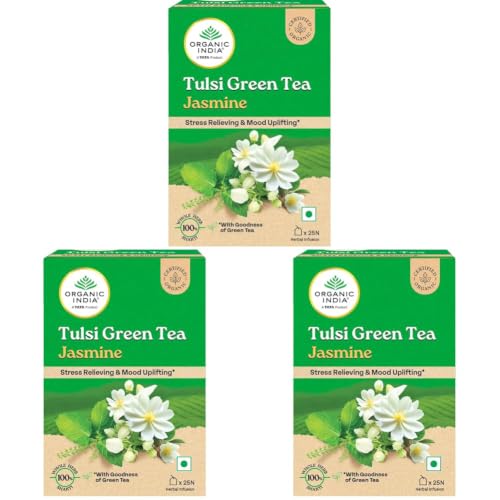 Image of A TATA Product - Organic India Tulsi Green Tea Jasmine - 25 Tea Bags, Certified Organic, Stress Relief, Mood Uplifting, Antioxidant Power, Soothing Jasmine Blend (Pack of 3)