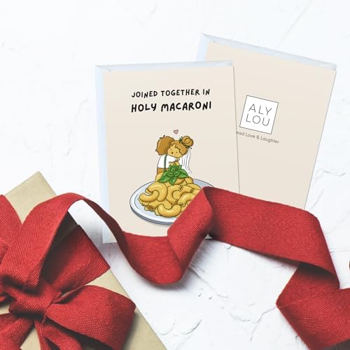 Funny Wedding Card for Bride, Groom, Bridesmaid, Bachelorette, Couple, Husband, Wife, Him, Her - Cute Punny Macaroni Engagement, Congratulations, Love Greeting Card - Blank Inside (Joined together in holy macaroni) - View 5