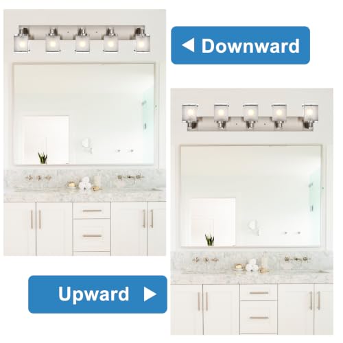 Image of 5-Light Bathroom Vanity Light Fixtures, Modern Brushed Nickel Vanity Lights Over Mirror with Frosted Glass Shades, Rust-Proof Bathroom Wall Sconces for Bathroom Lighting, E26 Base