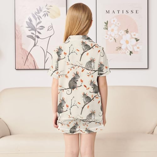 ALAZA Cute Mouse Tree Branch Leaf Satin Pajamas Set Short Sleeve Button Down Sleepwear Summer Pjs 2 Piece4
