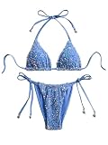 Floerns Women's Bikini Sets Sparkly Sequin Triangle Halter Swimsuit String Tie Side Two Piece Bathing Suit Blue Small