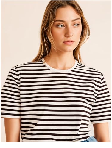 Image of Mack Jonney Oversized | Loose Fit | Half Sleeves 100% Cotton Round Neck Striped T-Shirt for WOMEN-MACK640558