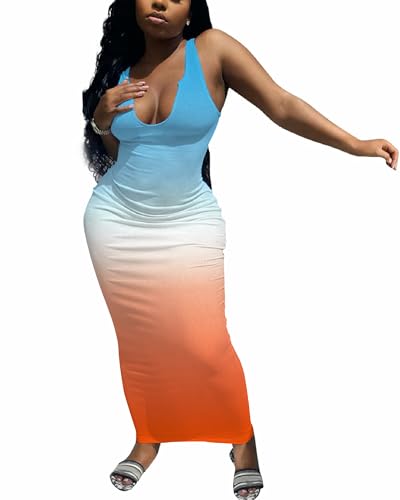 Image of Nimsruc Women Casual Sexy Deep U Neck Tank Top Bodycon Dress Summer Sleeveless Wrap Long Basic Party Club Maxi Dresses