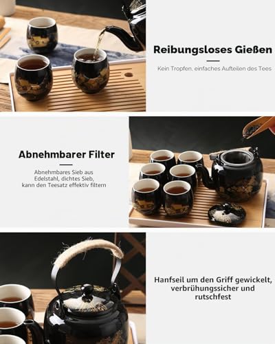 Foto von DUJUST Japanisches Teeservice, Schwarzes Porzellan Chinesisches Teeset mit Kanne und Tassen, Schönes Asiatische Teekanne Set für Teeliebhaber (Landschaft in Gold)