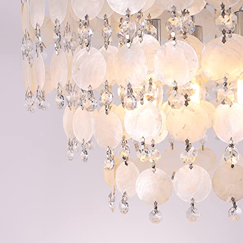 TOCHIC Modern Capiz Shell Chandelier, Boho Coastal Beach Chandelier for Bedroom, Small Semi Flush Mount Ceiling Pendant Light Fixture for Dining Living Room, Kids Room,16”W,Chrome - Image 8