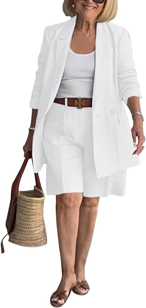 ZOCAVIA Womens Blazer Shorts Set Suit Set 2 Piece Dressy Short Sets Solid Open Front Long Sleeve Suit Jackets and Short Pants