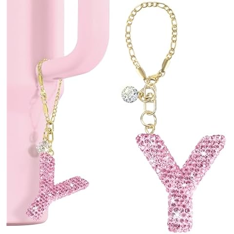 Mokoart Glitter Letter Charms Accessories for Stanley Cup, Water Bottle Charms for HydroJug Traveler & Stanley Tumbler with Handle, Cute Initial Name with Pink Letter for Stanley Cup Accessories (Y) Cover