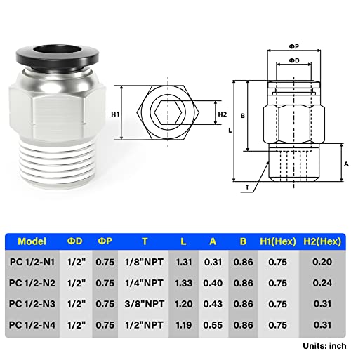 Image of TAILONZ 1 /2 inch Tube OD x 3 /8 inch NPT Male Straight Push to Connect Fitting 2pcs | Copper&Plastic,for PU /PA /PE /PVC Tubes,Pneumatic Systems,Air Lines,Factories,Workshops,Industrial,Automation,Repair,Machinery