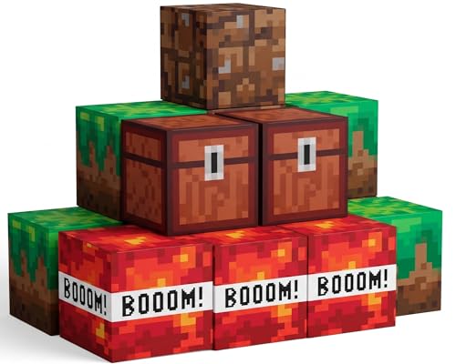 Camtoms Pixel Party Boxes for Birthday Decorations 10 Pack - Large 8.5 Inch Sturdy Cardboard Cubes for Birthday Table Decoration - Candy Treats Gift Favors - Storage Stackable Props Backdrop