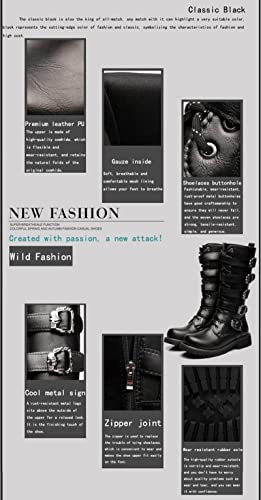 Tebapi Men's Leather Motorcycle Long Boots Side Zipper Waterproof Biker Riding Punk Rock Round Toe Cowboy Western Tactical Army Boot Black Lace Up Men Shoes 8 #TOP4