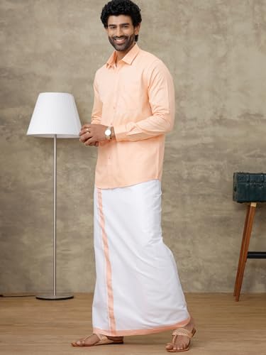 Image of RAMRAJ COTTON Men Full Sleeve Solid Shirt With Matching Border Dhoti|Ideal For Weddings And Occasion