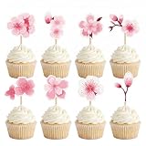 Arthsdite 24Pcs Cherry Blossom Cupcake Toppers, Pink Sakura Floral Picks for Spring Wedding, Bridal Shower, Baby Shower Dessert Decorations