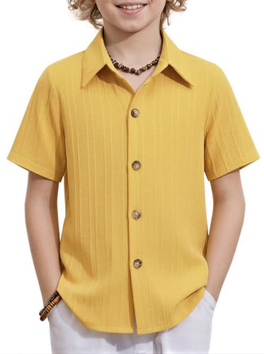 Image of Arshiner Boys Short Sleeve Button Down Shirt Kids Summer Shirt Yellow 10-11 Years