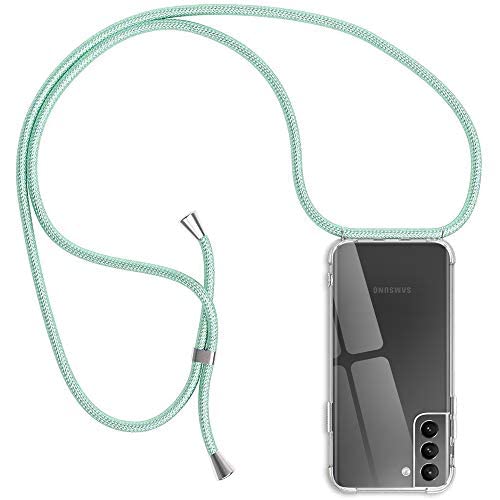 Funda con Cuerda Compatible con Samsung Galaxy S21 FE 5G, Transparente Silicona Carcasa con Colgante para Samsung S21 FE 5G, E-Lush Suave TPU Case con Correa Collar Protector Case Menta Verde Cover