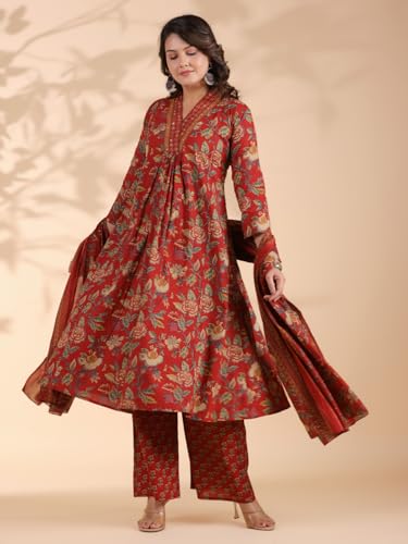 Image of Vbuyz Women Floral Print With Mirror Work Cotton Kurta Palazzo With Dupatta
