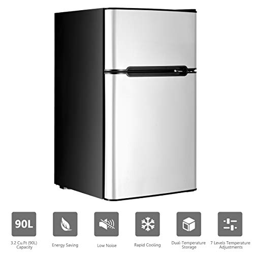 Kotek Mini Fridge With Freezer, 3.2 Cu.ft Compact Refrigerator With Reversible 2 Doors, 7 Level Adjustable Thermostat & Removable Shelves, Small Refrigerator For Bedroom/Office/Dorm/Apartment (Grey) #TOP7