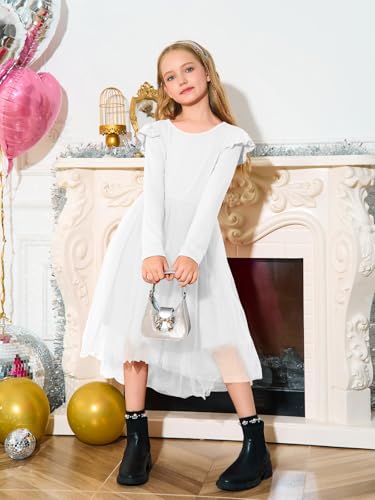 Haloumoning Girls Tutu Dresses Kids Cute Tulle Fall Ruffle Long Sleeve High Low Hem Dress 5-14 Years4