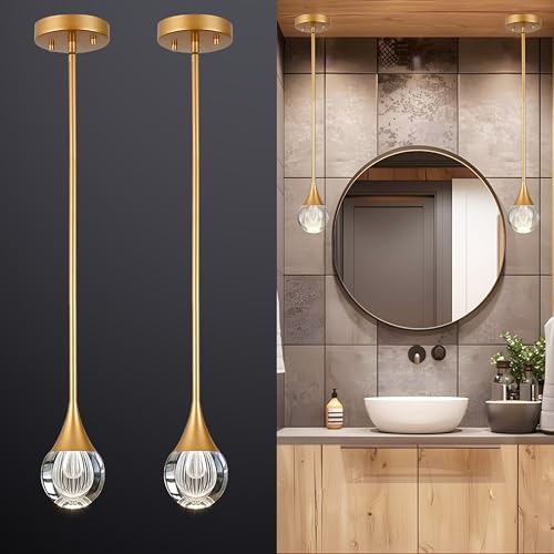 EANLOLY 2-Pendant Lights Kitchen Island, Brass Gold Globe Crystal Ceiling Hanging Light Fxitures, LED Light Fixtures Metal Rod Ceiling Glass Pendant Lighting for Kitchen Island Dining Room Bar