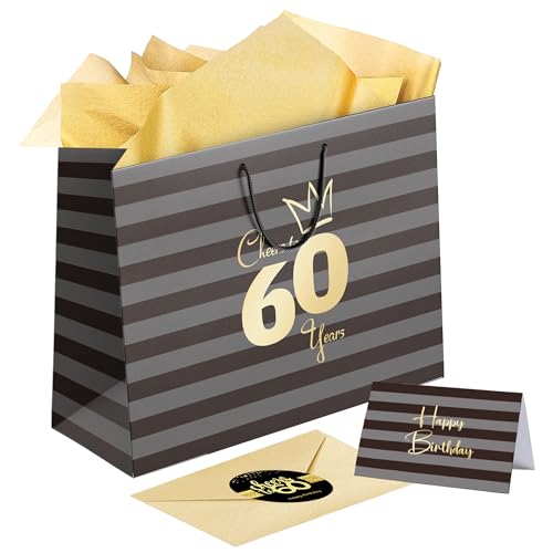 Sumerk 1 PC 13" Large Gift Bag with Card Stickers and Tissue Paper 60th Birthday Bag for Women Men Happy 60th Birthday Gift Bag
