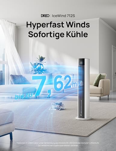 DREO Turmventilator mit Wasserkühlung, 110 cm Luftkühler mit Wasserkühlung Leise, 4-Geschwindigkeiten-4-Modi Verdunstungskühler, APP-Steuerung, Eisbeutel, 80° Oszillation, 12-Std. Timer, Weiß