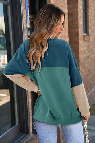 KISSMODA Women's Casual Long Sleeve Sweatshirt Color Block/Solid Crewneck Corduroy Pullover Cute Tops