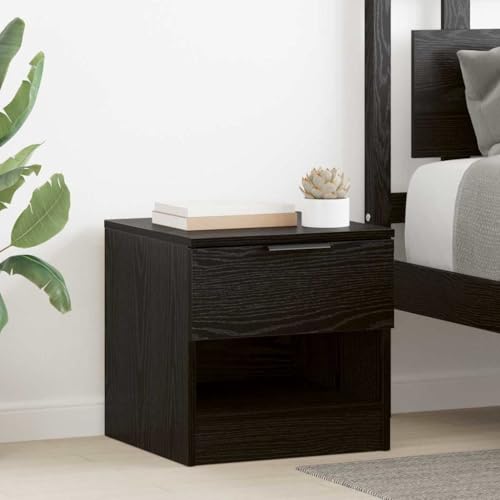 Table de chevet noire aspect chêne à 2 tiroirs et étagères pour chambre